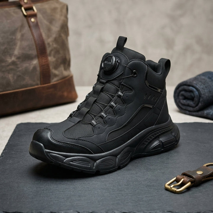 Black high-top sneaker on a dark surface with a brown leather bag and rolled-up jeans in the background.