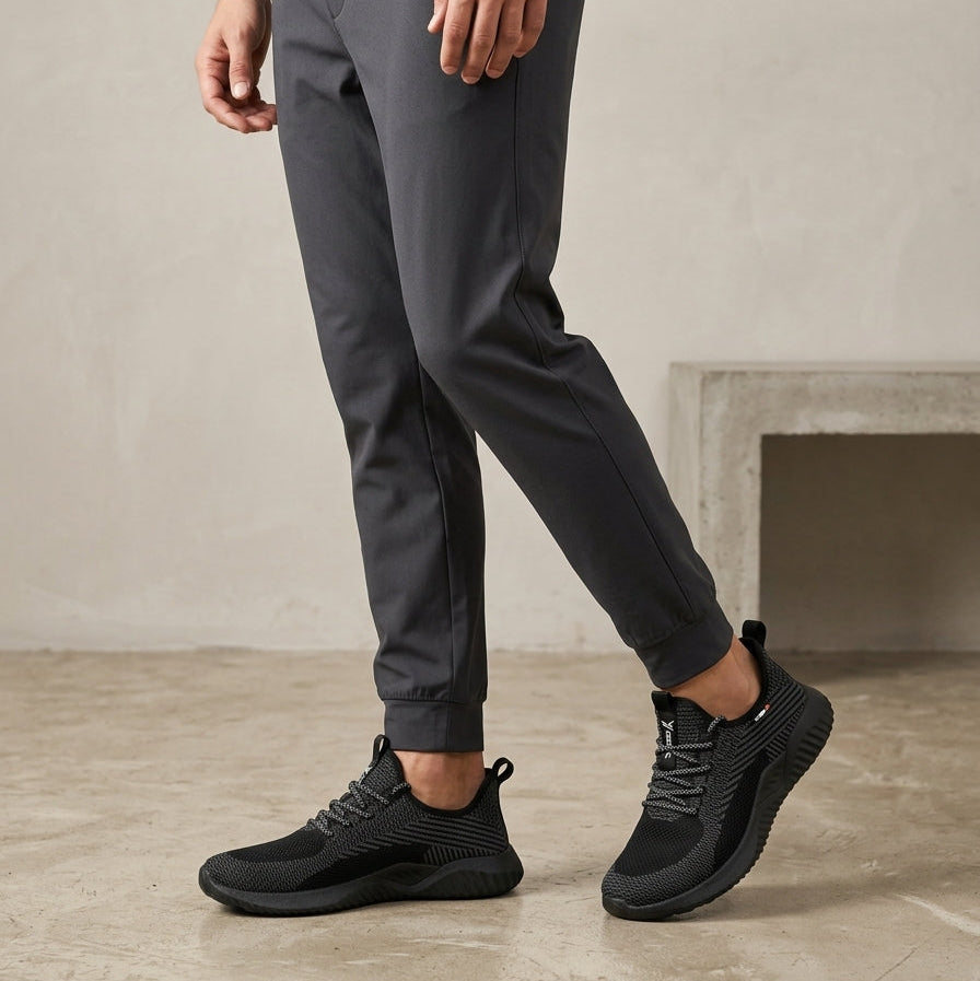 Person wearing dark gray pants and black shoes on a neutral background